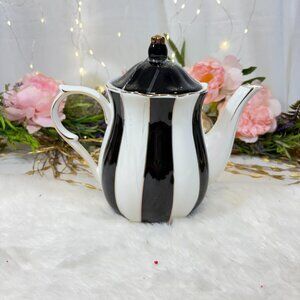 Grace Fine Porcelain Black White Gold Stripe Teapot Tea Pot Stunning Elegant New